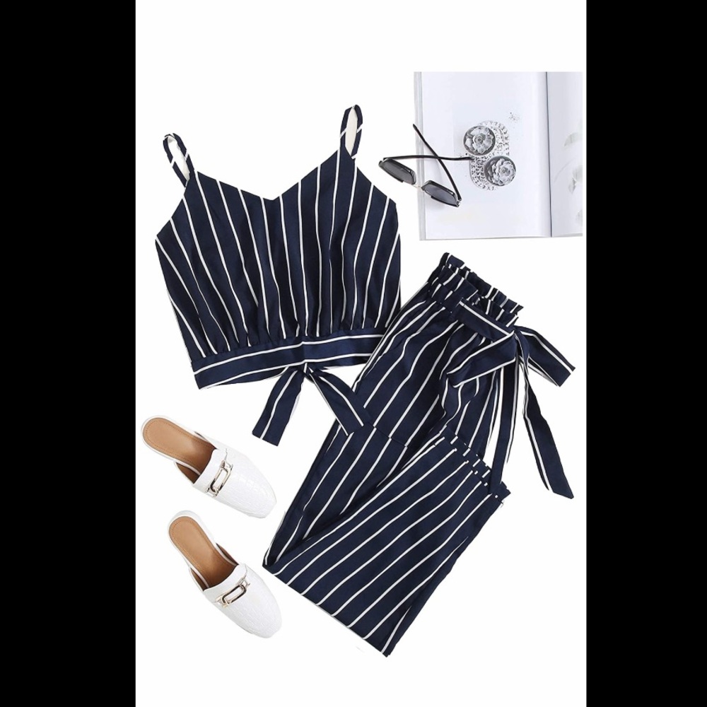 Navy and White Striped crop set
